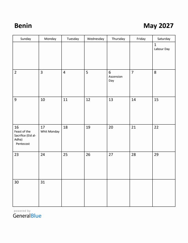 May 2027 Calendar with Benin Holidays