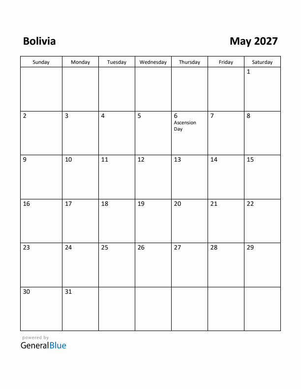 May 2027 Calendar with Bolivia Holidays