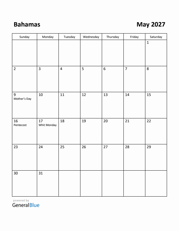 May 2027 Calendar with Bahamas Holidays