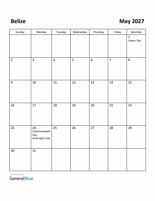 May 2027 Calendar with Belize Holidays