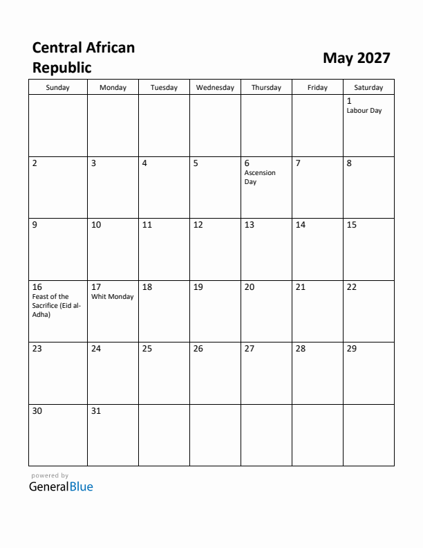 May 2027 Calendar with Central African Republic Holidays