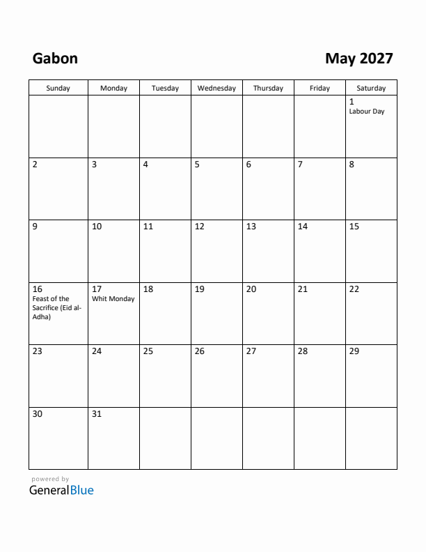 May 2027 Calendar with Gabon Holidays