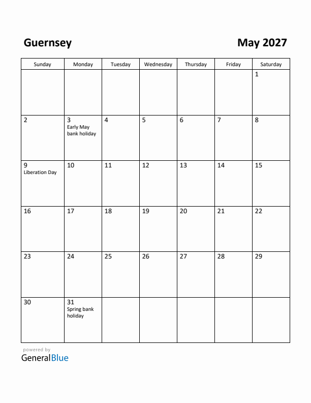 May 2027 Calendar with Guernsey Holidays