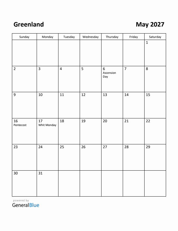 May 2027 Calendar with Greenland Holidays