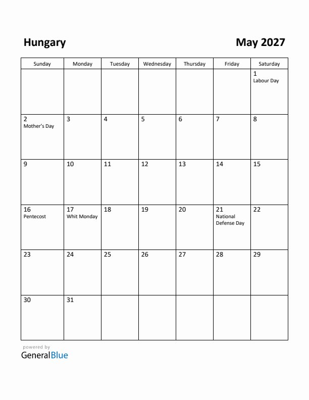May 2027 Calendar with Hungary Holidays