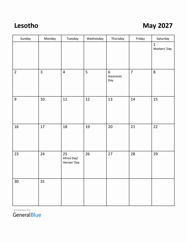 May 2027 Calendar with Lesotho Holidays
