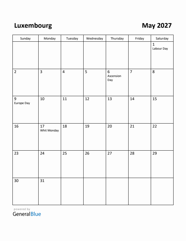 May 2027 Calendar with Luxembourg Holidays