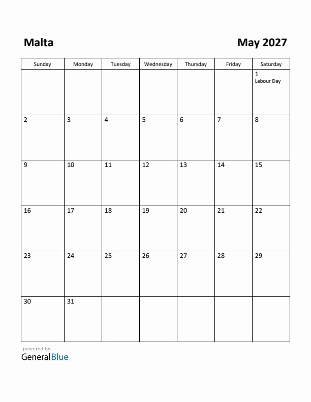 May 2027 Calendar with Malta Holidays