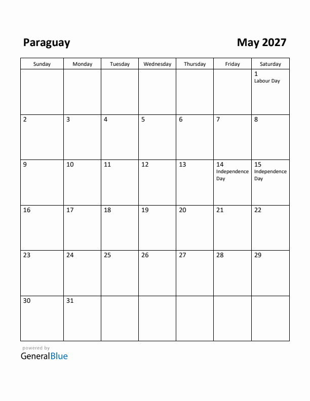 May 2027 Calendar with Paraguay Holidays