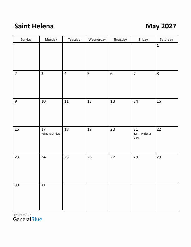 May 2027 Calendar with Saint Helena Holidays