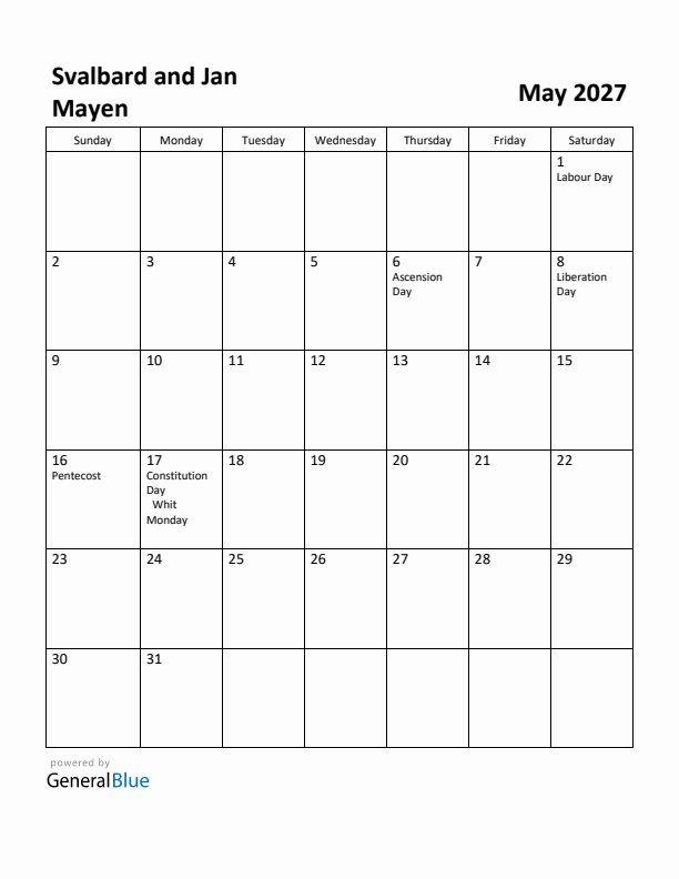 May 2027 Calendar with Svalbard and Jan Mayen Holidays