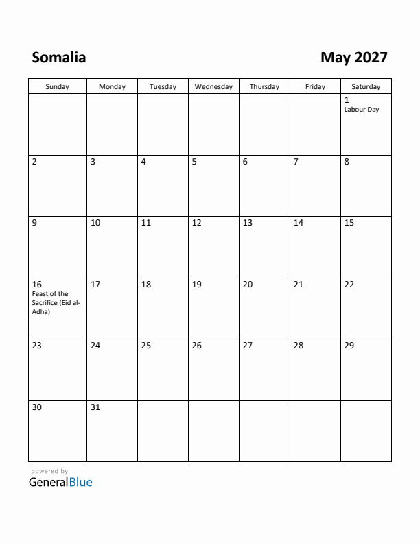 May 2027 Calendar with Somalia Holidays