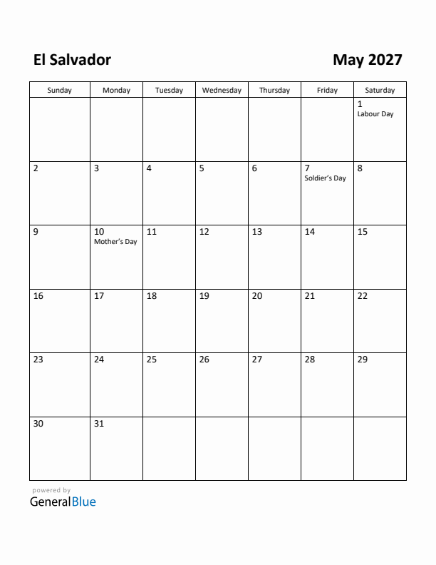 May 2027 Calendar with El Salvador Holidays