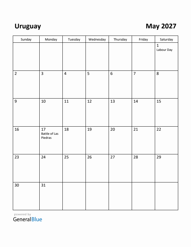 May 2027 Calendar with Uruguay Holidays