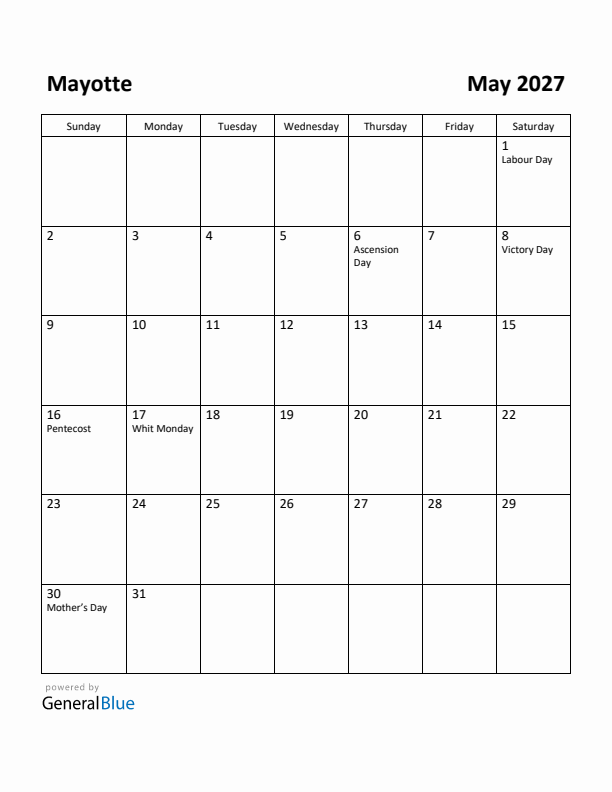 May 2027 Calendar with Mayotte Holidays