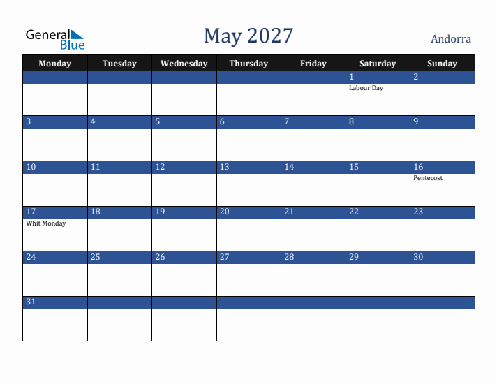 May 2027 Andorra Calendar (Monday Start)