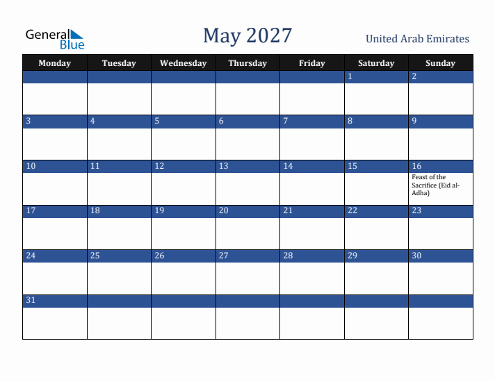 May 2027 United Arab Emirates Calendar (Monday Start)