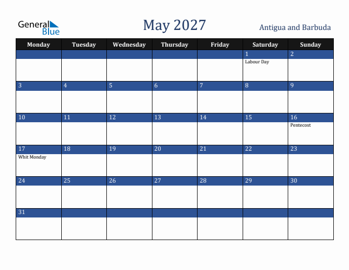 May 2027 Antigua and Barbuda Calendar (Monday Start)