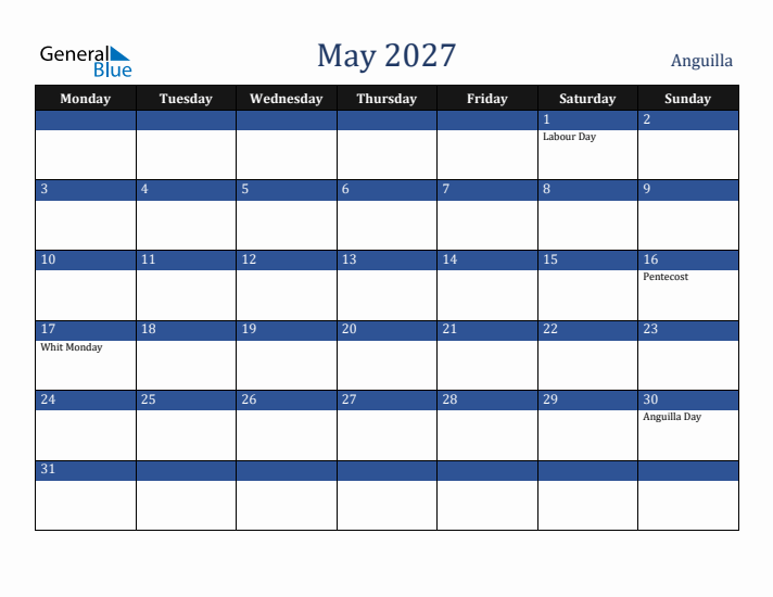 May 2027 Anguilla Calendar (Monday Start)