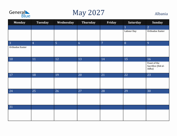 May 2027 Albania Calendar (Monday Start)