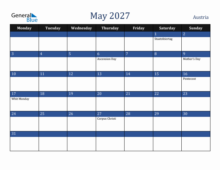 May 2027 Austria Calendar (Monday Start)