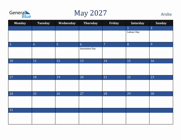 May 2027 Aruba Calendar (Monday Start)