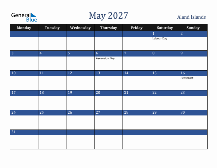 May 2027 Aland Islands Calendar (Monday Start)