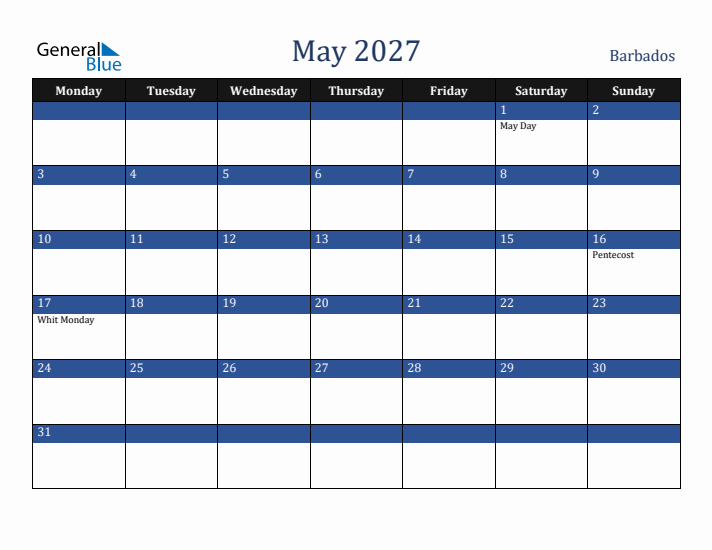 May 2027 Barbados Calendar (Monday Start)