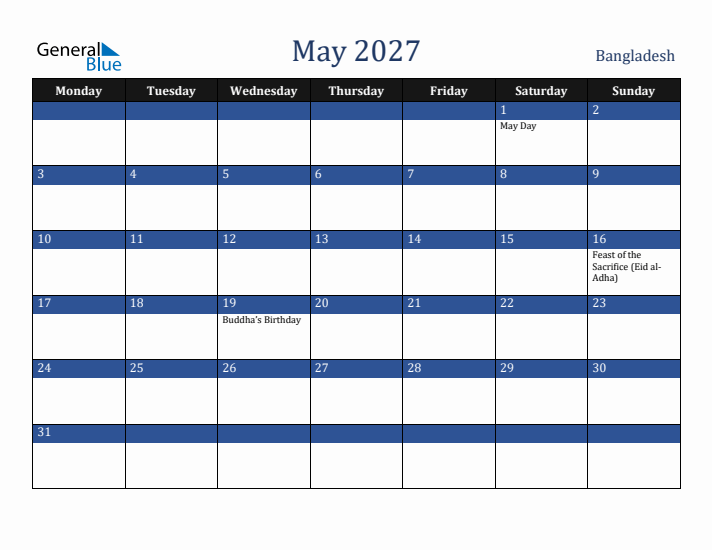 May 2027 Bangladesh Calendar (Monday Start)