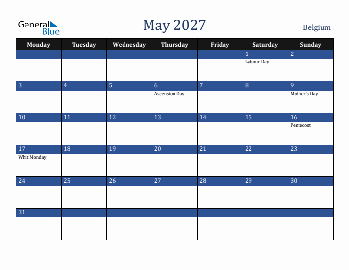 May 2027 Belgium Calendar (Monday Start)
