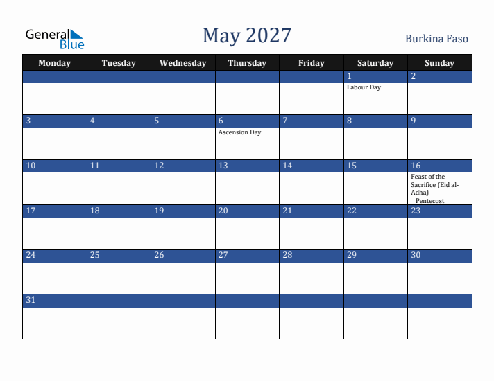 May 2027 Burkina Faso Calendar (Monday Start)