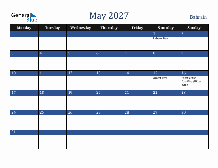 May 2027 Bahrain Calendar (Monday Start)