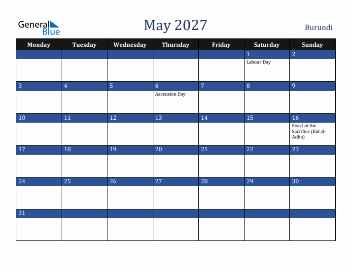May 2027 Burundi Calendar (Monday Start)