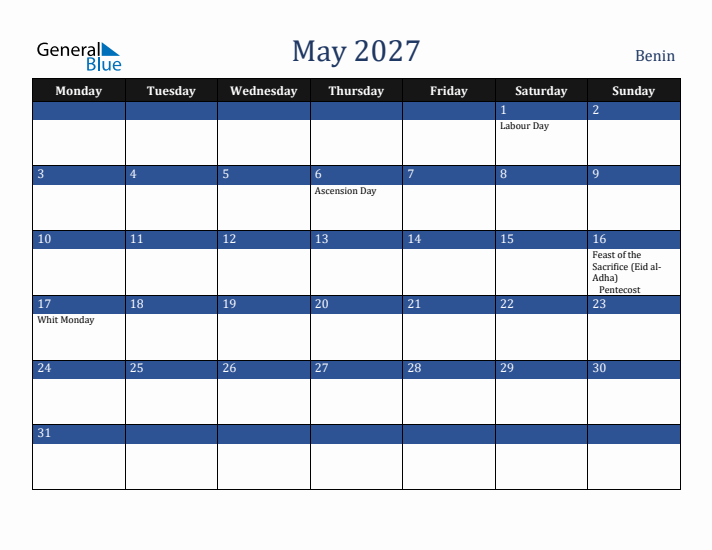 May 2027 Benin Calendar (Monday Start)