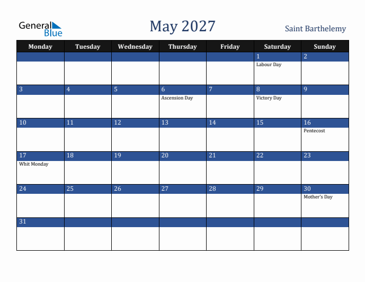 May 2027 Saint Barthelemy Calendar (Monday Start)