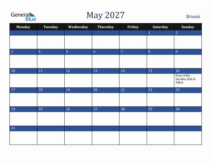 May 2027 Brunei Calendar (Monday Start)