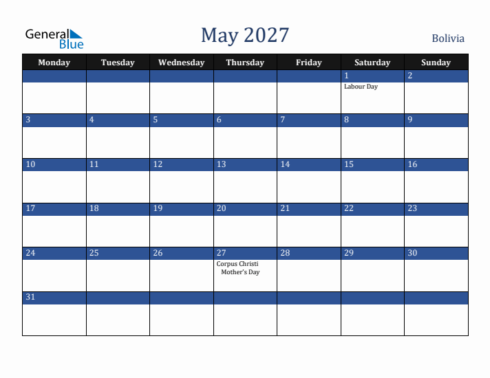 May 2027 Bolivia Calendar (Monday Start)