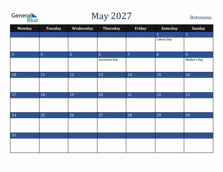 May 2027 Botswana Calendar (Monday Start)