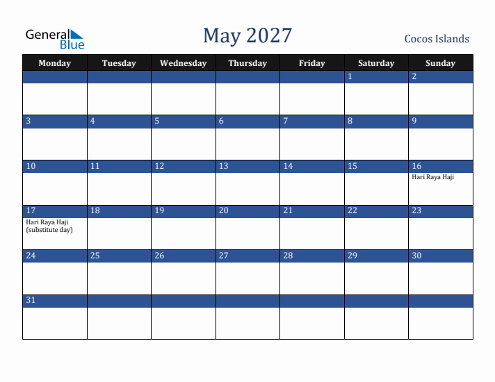 May 2027 Cocos Islands Calendar (Monday Start)