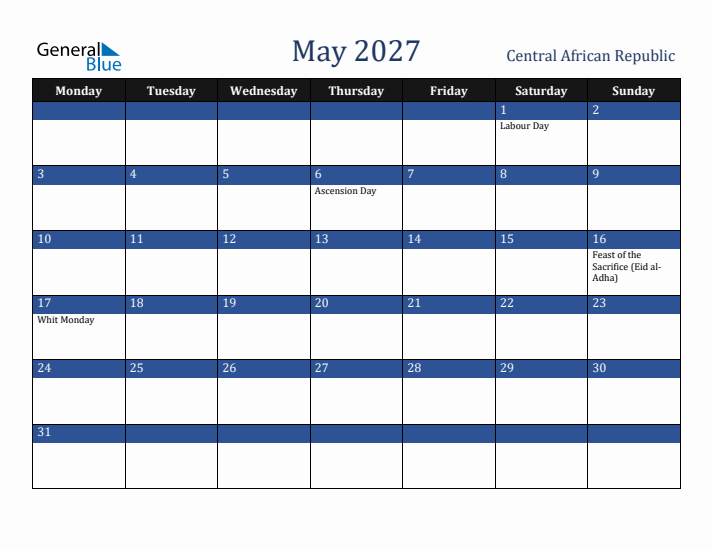 May 2027 Central African Republic Calendar (Monday Start)