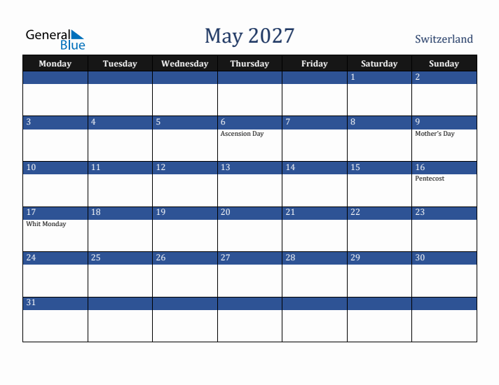 May 2027 Switzerland Calendar (Monday Start)
