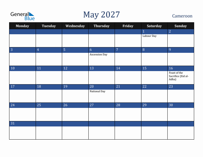 May 2027 Cameroon Calendar (Monday Start)