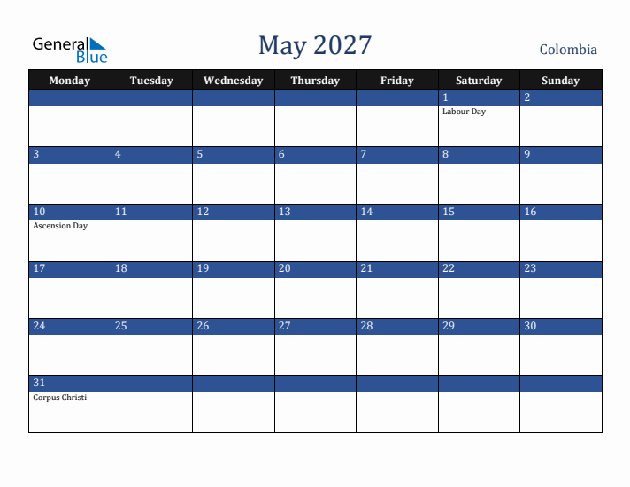 May 2027 Colombia Calendar (Monday Start)