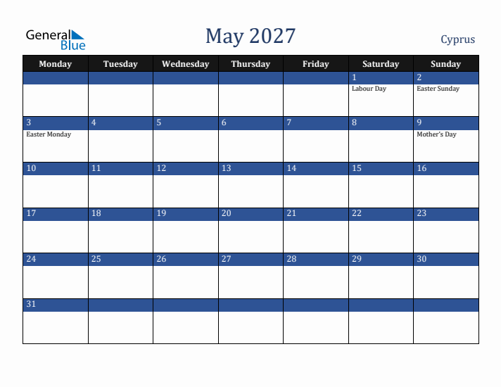 May 2027 Cyprus Calendar (Monday Start)