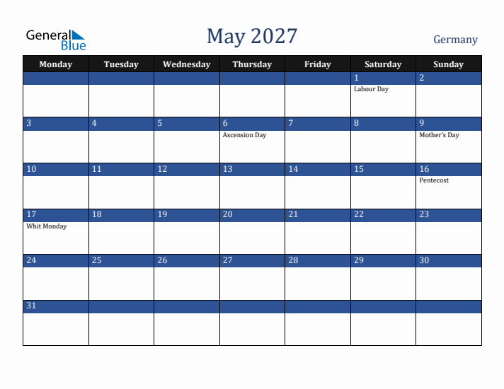 May 2027 Germany Calendar (Monday Start)
