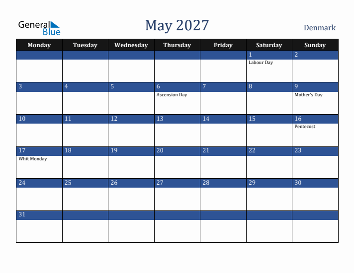May 2027 Denmark Calendar (Monday Start)