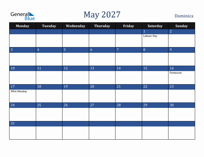 May 2027 Dominica Calendar (Monday Start)