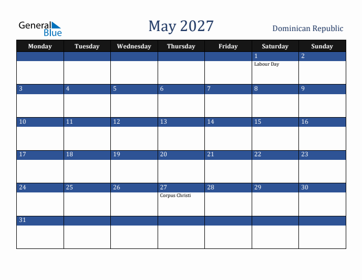 May 2027 Dominican Republic Calendar (Monday Start)