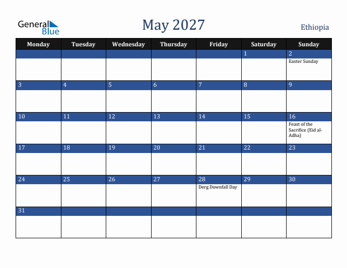 May 2027 Ethiopia Calendar (Monday Start)
