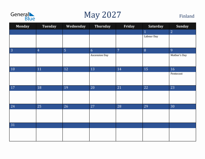 May 2027 Finland Calendar (Monday Start)